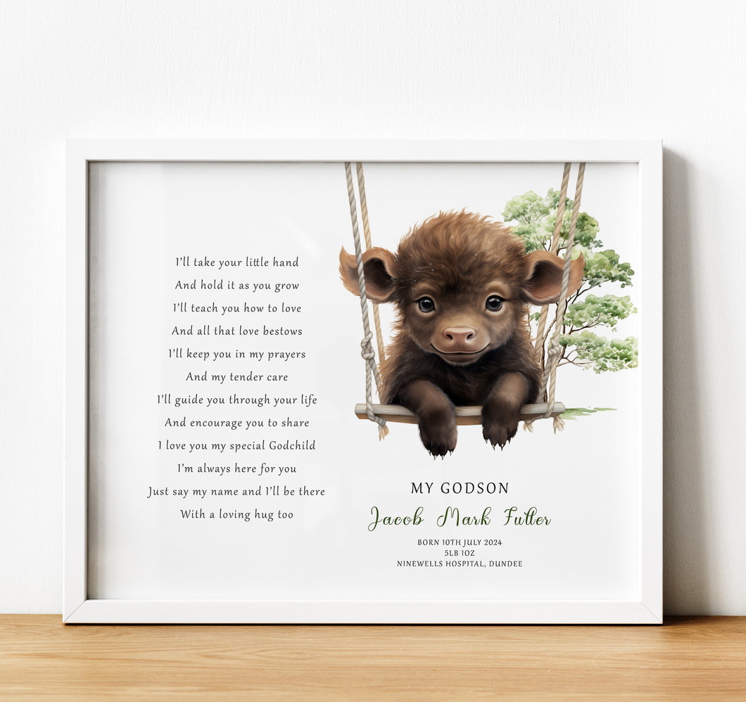 Personalised Goddaughter Christening Gifts from Godmother | Godson Gift for Baptism from Godfather. Poem print with baby animal and baby name and birth stats