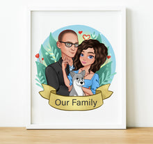 Load image into Gallery viewer, Custom Family Portrait Illustration Print Fathers Day Gift for Dad, Personalised Cartoon Family Portrait With Pet
