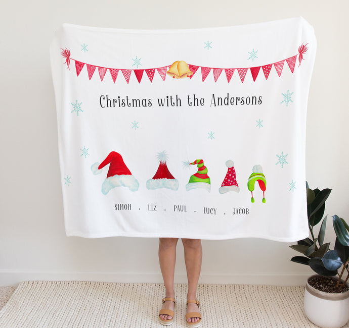 Personalised Fleece Blanket | Christmas Family Gifts, christmas themed blanket with family members names and surname, thoughtful keepsake co