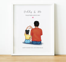 Load image into Gallery viewer, Daddy And Me Illustration Print | colourful dad and child sitting illustration with quote and personal message, Gift for Dad from Daughter or Son
