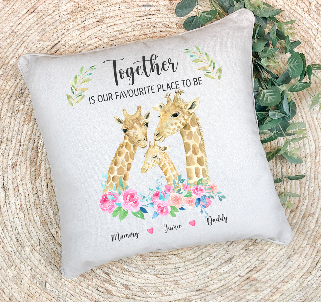 Personalised Family Cushion | Together is Our Favourite Place To Be Giraffe Family Pillow