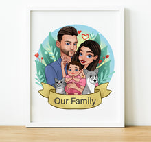 Load image into Gallery viewer, Custom Family Portrait Illustration Print Fathers Day Gift for Dad, Personalised Cartoon Family Portrait With Pet
