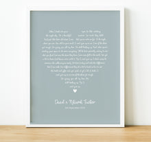 Load image into Gallery viewer, Personalised Anniversary Gifts | Heart Song Lyric Print with lyrics from a special song or first dance song and names personalised underneath
