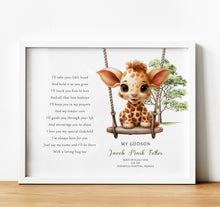 Load image into Gallery viewer, Personalised Goddaughter Christening Gifts from Godmother | Godson Gift for Baptism from Godfather. Poem print with baby animal and baby name and birth stats
