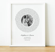 Load image into Gallery viewer, Personalised Anniversary Gifts, Song Lyrics Print with lyrics in a spiral and a photo in the middle, thoughtful keepsake co
