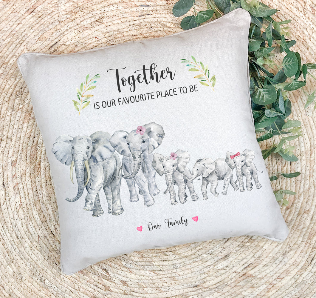 Personalised Family Cushion | Together is Our Favourite Place To Be Elephant Family Pillow