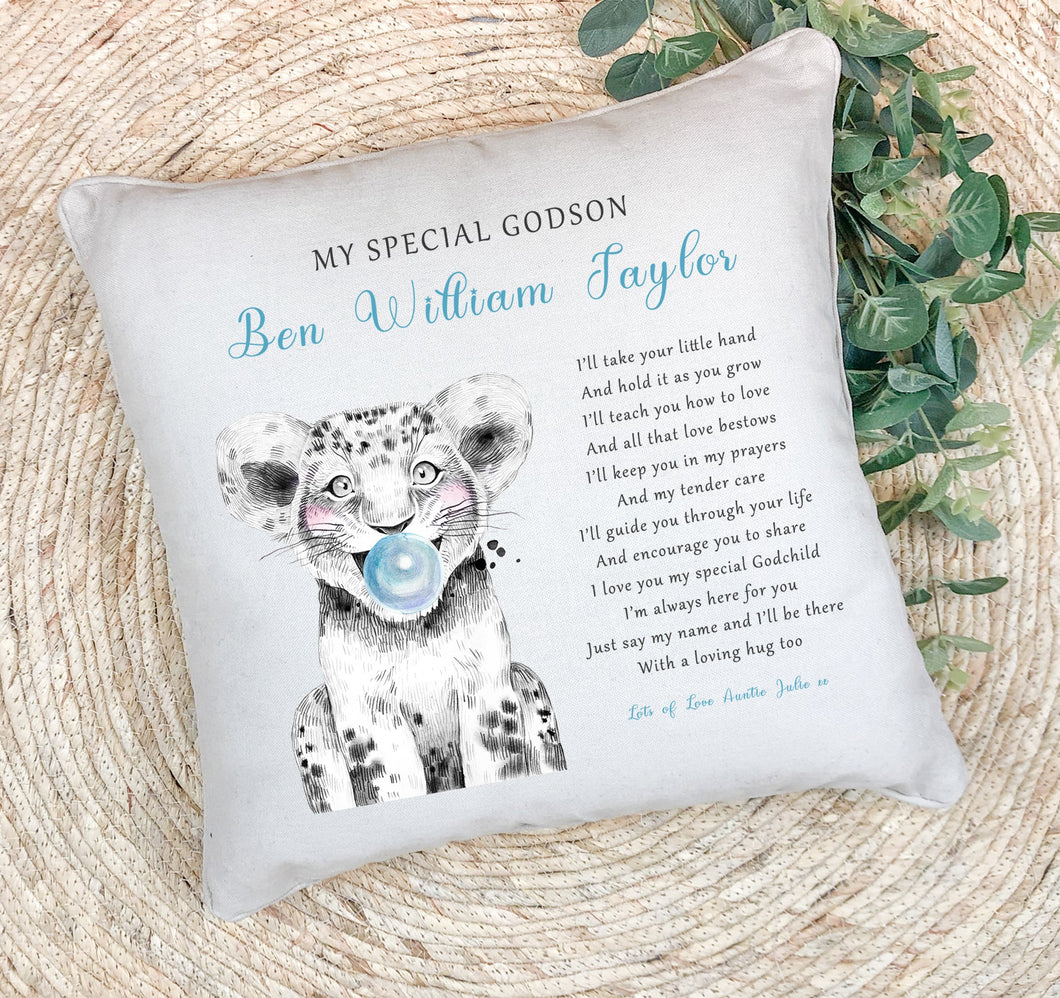 Personalised Baby Pillow | Godchild Gifts from Godparents | Pillow with poem for Godchild from their Godparents