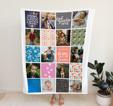 Load image into Gallery viewer, Personalised Photo Blanket patchwork quilt | personalized gifts for grandma.  Crafted from premium Fleece material, these blankets are luxuriously soft and cozy, with photos and personalised text.
