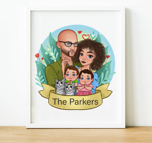 Custom Family Portrait Illustration Print Fathers Day Gift for Dad, Personalised Cartoon Family Portrait With Pet