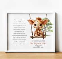 Load image into Gallery viewer, Personalised Goddaughter Christening Gifts from Godmother | Godson Gift for Baptism from Godfather. Poem print with baby animal and baby name and birth stats
