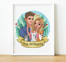 Load image into Gallery viewer, Custom Family Portrait Illustration Print Fathers Day Gift for Dad, Personalised Cartoon Family Portrait With Pet
