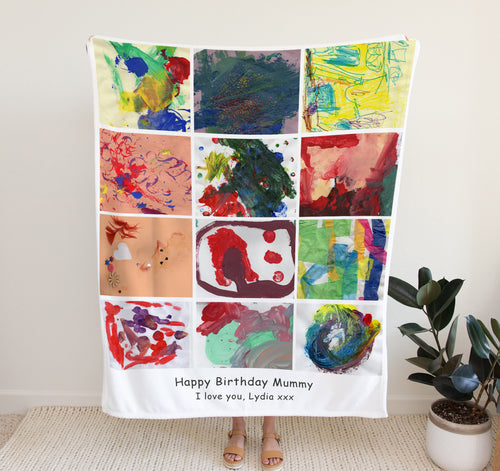 Soft fleece blanket with a collage of your childs artwork. 