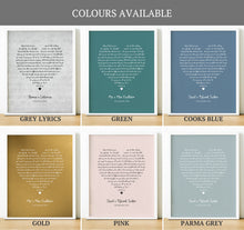 Load image into Gallery viewer, Personalised Anniversary Gifts | Heart Song Lyric Print with lyrics from a special song or first dance song and names personalised underneath
