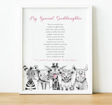 Load image into Gallery viewer, Christening Gifts for Godchild from Godparents, Personalised Poem Print with baby safari animals, Safari Nursery, thoughtful keepsake co
