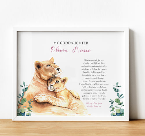 Personalised Goddaughter Christening Gifts from Godmother | Godson Gift from Godfather | Adult and child lion image with poem for godchild from godparent | thoughtful keepsake co