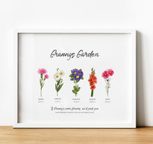 Load image into Gallery viewer, Granny&#39;s Garden sign, Personalised Family Birth Month Flower print with text | thoughtful keepsake co
