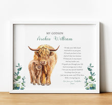 Load image into Gallery viewer, Personalised Goddaughter Christening Gifts from Godmother | Godson Gift from Godfather | Adult and child cow image with poem for godchild from godparent | thoughtful keepsake co
