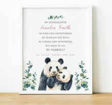 Load image into Gallery viewer, Personalised Goddaughter Christening Gifts from Godmother | Godson Gift from Godfather | Adult and child panda image with poem for godchild from godparent | thoughtful keepsake co
