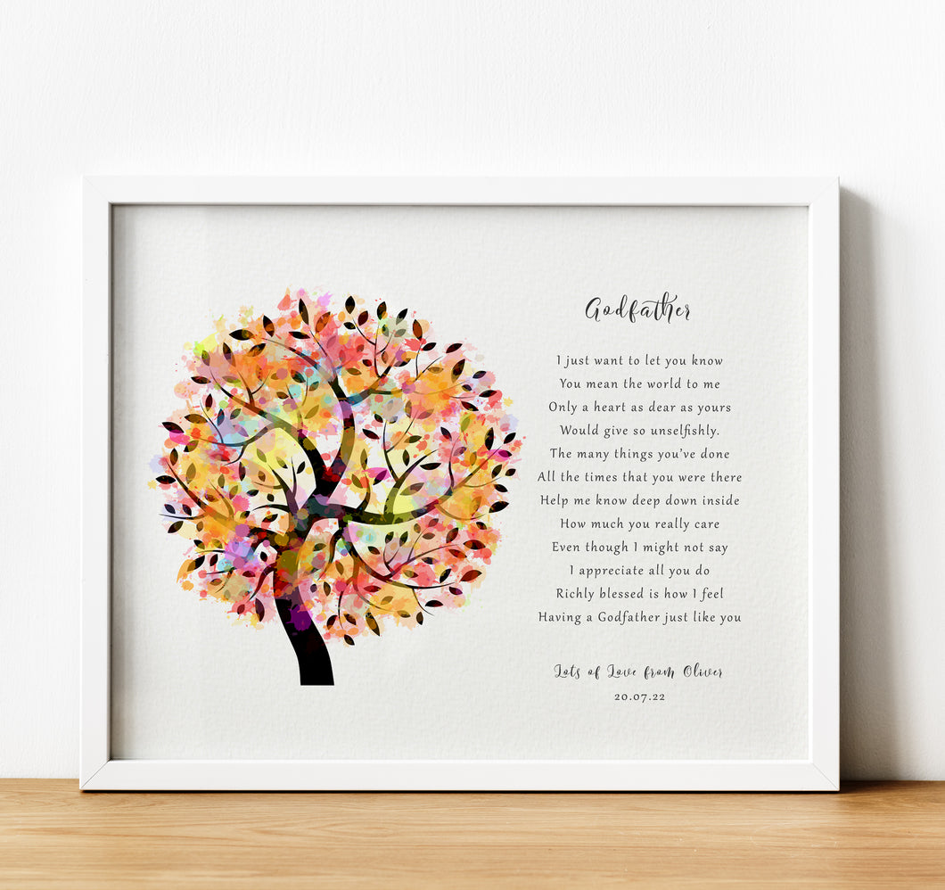 Personalised Godparent poem print with tree, Christening Gifts for Godparents from Godchild, thoughtful keepsake co