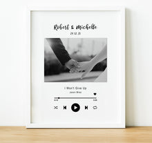 Load image into Gallery viewer, Personalised Anniversary Gifts,  wedding song print, music player print, 1st Anniversary Gifts, First Dance song, Wedding Song Print, thoughtful keepsake co

