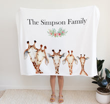 Load image into Gallery viewer,  personalised fleece blanket, giraffe family, Together is Our Favourite Place To Be
