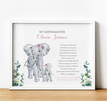 Load image into Gallery viewer, Personalised Goddaughter Christening Gifts from Godmother | Godson Gift from Godfather | Adult and child elephant image with poem for godchild from godparent | thoughtful keepsake co
