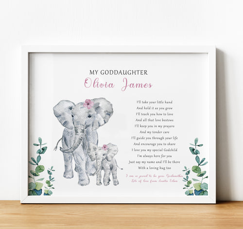 Personalised Goddaughter Christening Gifts from Godmother | Godson Gift from Godfather | Adult and child elephant image with poem for godchild from godparent | thoughtful keepsake co