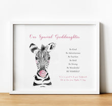 Load image into Gallery viewer, Christening Gifts for Godchild from Godparents, Personalised Poem Print with safari animal, Safari Nursery, thoughtful keepsake co
