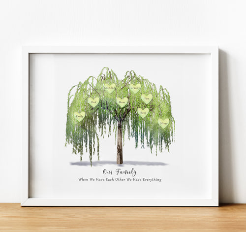 Personalised Family Print, My Family Tree with hearts representing each family member and a quote underneath. Thoughtful keepsake co