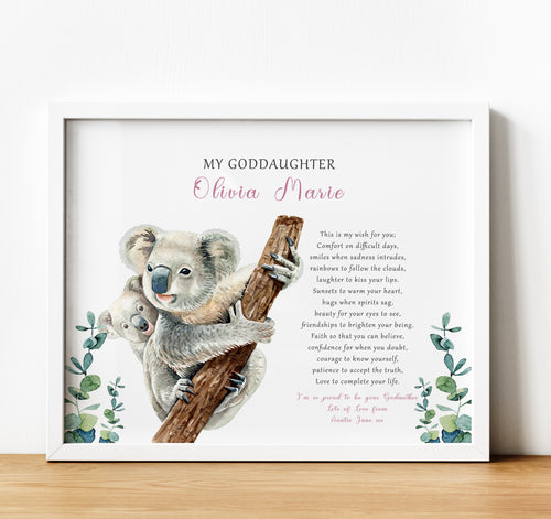 Personalised Goddaughter Christening Gifts from Godmother | Godson Gift from Godfather | Adult and child koala image with poem for godchild from godparent | thoughtful keepsake co
