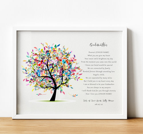 Personalised Godparent poem print with tree, Christening Gifts for Godparents from Godchild, thoughtful keepsake co