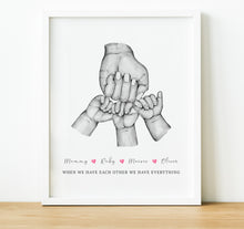 Load image into Gallery viewer, Personalised Family Print, Family Handprints Gift for Mum, mum and children fist bump image with names and quote, thoughtful keepsake co
