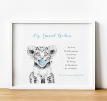 Load image into Gallery viewer, Christening Gifts for Godchild from Godparents, Personalised Poem Print with safari animal, Safari Nursery, thoughtful keepsake co
