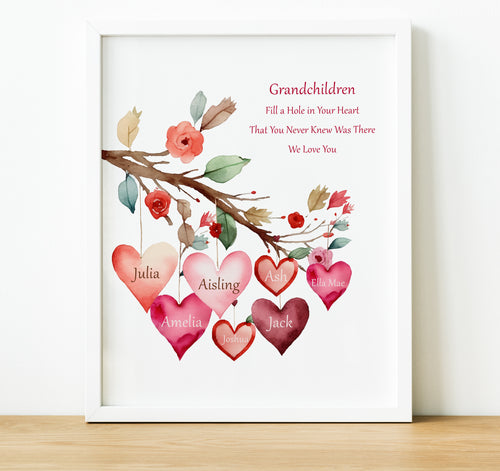 Personalised Family Print, My Family Tree with hearts representing each family member and a quote underneath. Thoughtful keepsake co