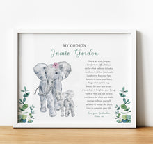 Load image into Gallery viewer, Personalised Goddaughter Christening Gifts from Godmother | Godson Gift from Godfather | Adult and child elephant image with poem for godchild from godparent | thoughtful keepsake co
