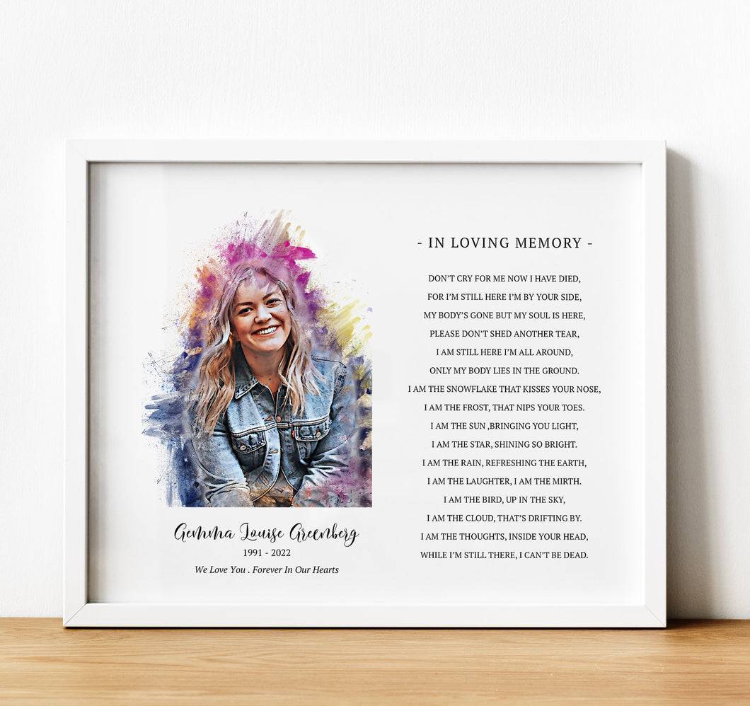 Watercolour Portrait, Personalised Memorial Gifts, thoughtful keepsake co, custom colourful watercolour portrait from photo with quote