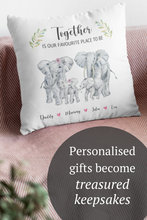 Load image into Gallery viewer, Personalised Family Cushion | Together is Our Favourite Place To Be Elephant Family Pillow, thoughtful keepsake co

