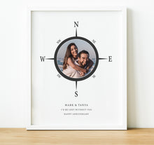 Load image into Gallery viewer, Personalised 1 year anniversary gift |  I&#39;d Be Lost Without You Compass image with photo inside and quote, Custom Photo Print , thoughtful keepsake co
