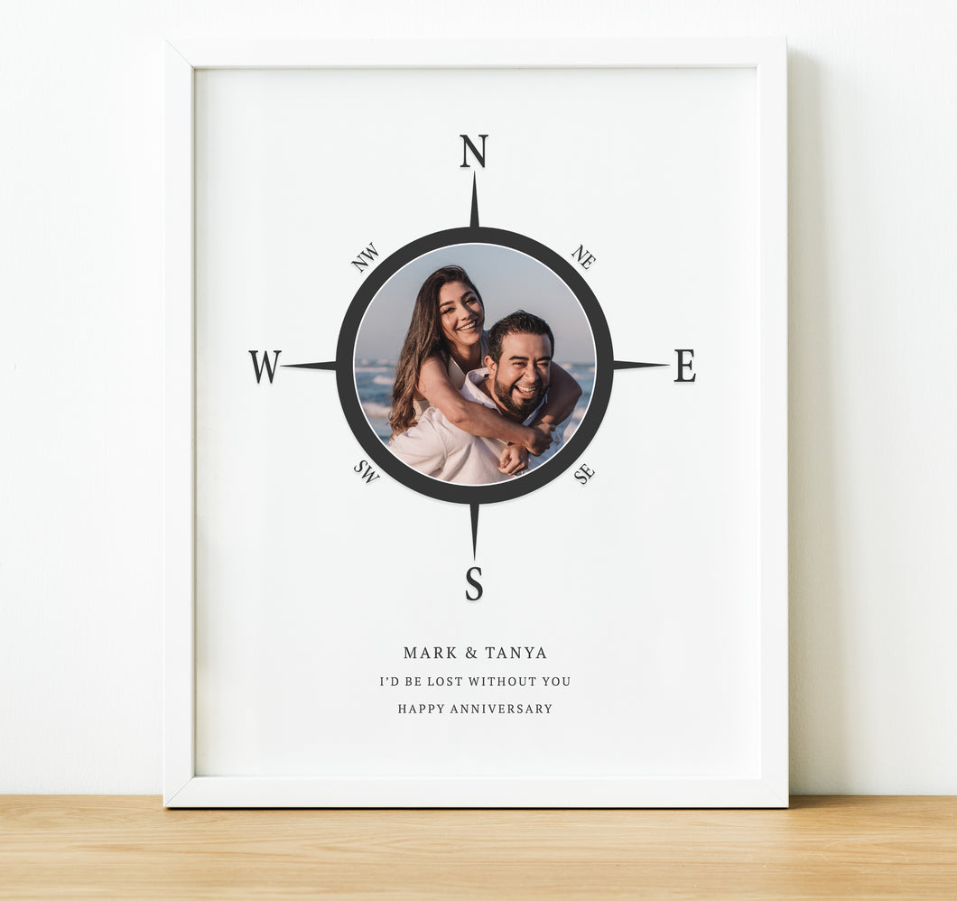 Personalised 1 year anniversary gift |  I'd Be Lost Without You Compass image with photo inside and quote, Custom Photo Print , thoughtful keepsake co