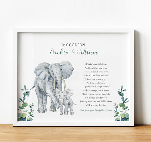 Personalised Goddaughter Christening Gifts from Godmother | Godson Gift from Godfather | Adult and child elephant image with poem for godchild from godparent | thoughtful keepsake co