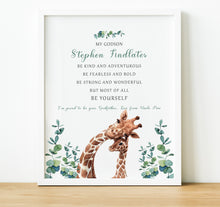 Load image into Gallery viewer, Personalised Goddaughter Christening Gifts from Godmother | Godson Gift from Godfather | Adult and child giraffe image with poem for godchild from godparent | thoughtful keepsake co
