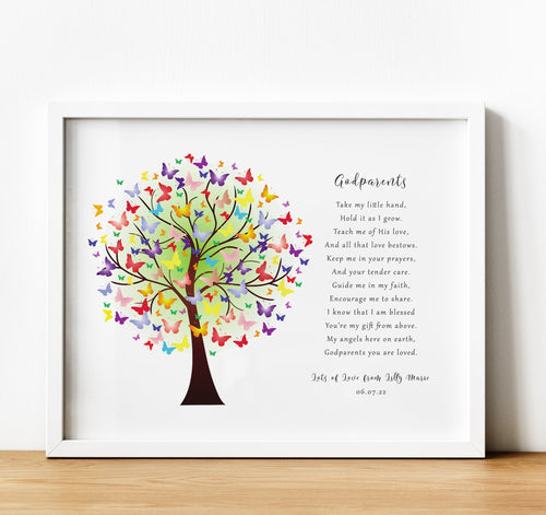 Personalised Godparent poem print with tree, Christening Gifts for Godparents from Godchild, thoughtful keepsake co