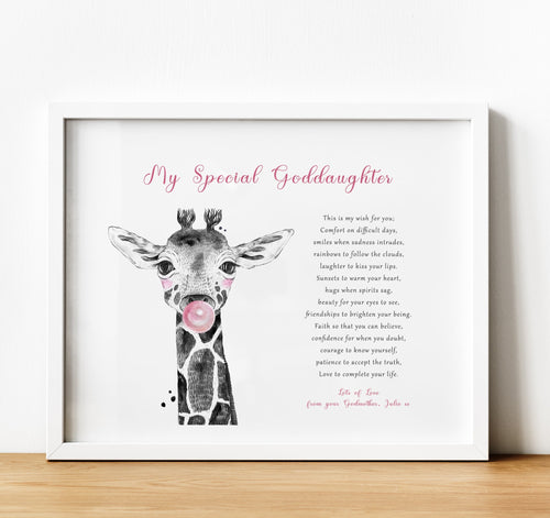 Christening Gifts for Godchild from Godparents, Personalised Poem Print with safari animal, Safari Nursery, thoughtful keepsake co