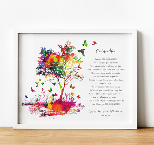 Personalised Godparent poem print with tree, Christening Gifts for Godparents from Godchild, thoughtful keepsake co