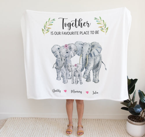  personalised fleece blanket, elephant family, Elephant Gift Together is Our Favourite Place To Be
