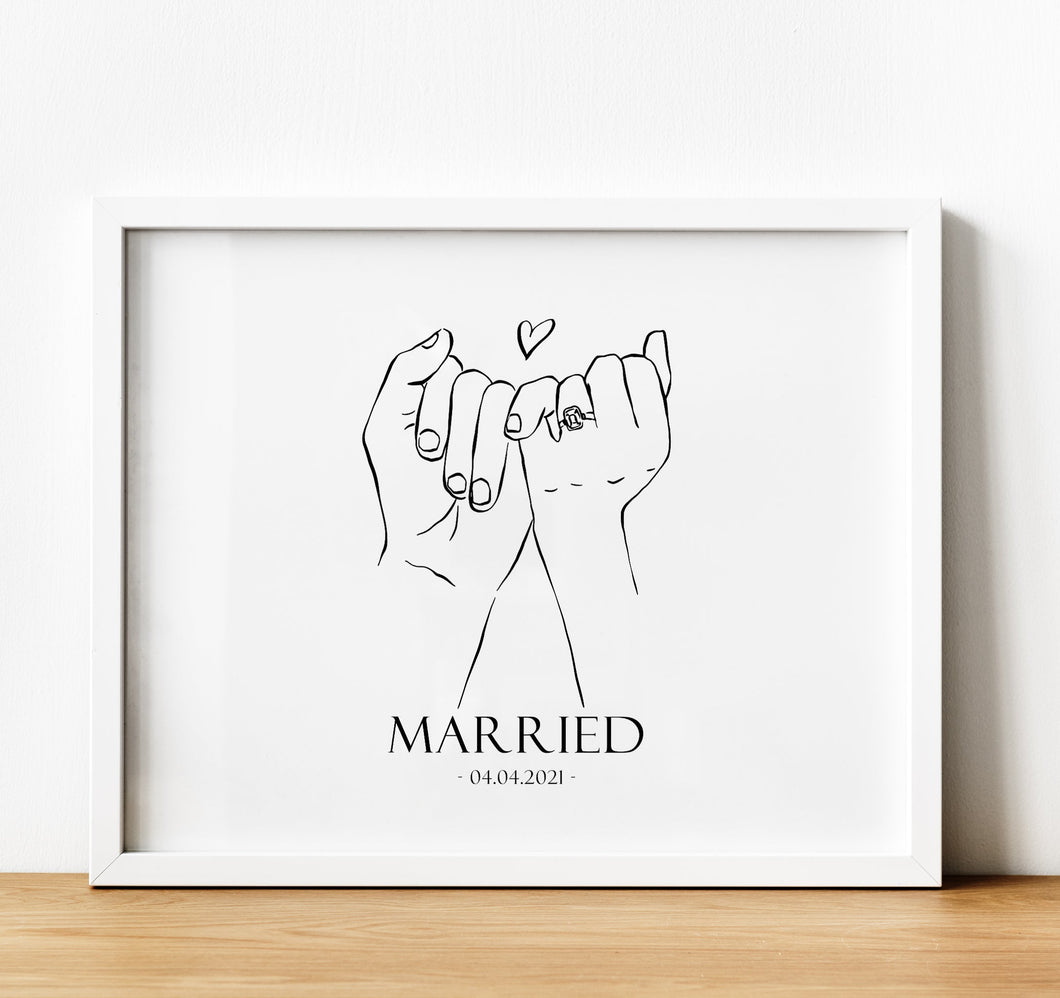 1st Anniversary Gift, line art prints, couple holding hands Print with name and date, thoughtful keepsake co