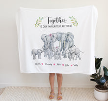 Load image into Gallery viewer,  personalised fleece blanket, elephant family, Elephant Gift Together is Our Favourite Place To Be
