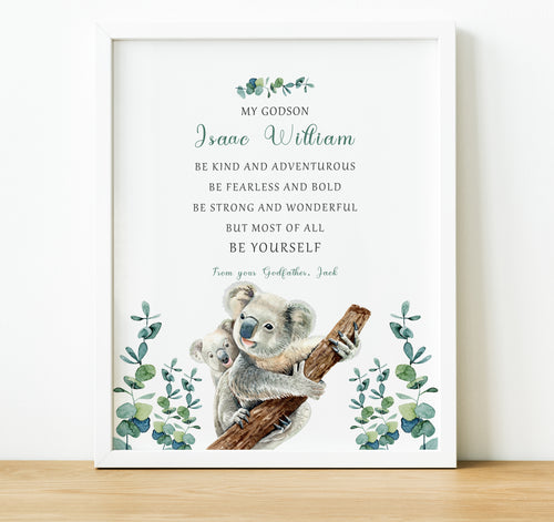 Personalised Goddaughter Christening Gifts from Godmother | Godson Gift from Godfather | Adult and child koala image with poem for godchild from godparent | thoughtful keepsake co