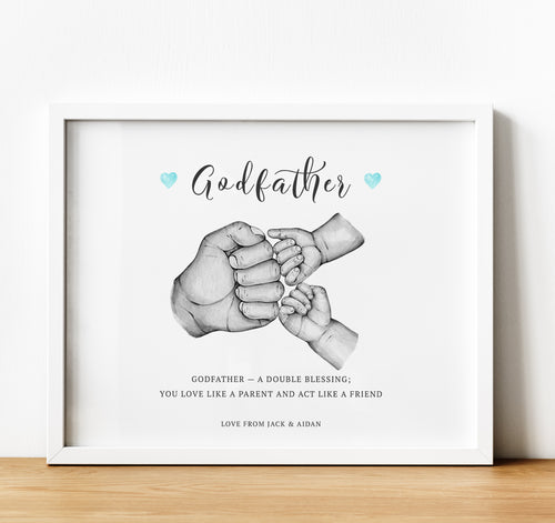 Adult & Child fist bump hand illustration, with quote and personal message, Personalised Godparent Gifts, Gifts for Godfather from Godson, thoughtful keepsake co
