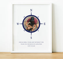 Load image into Gallery viewer, Personalised Godparent Gifts | Gifts for Godfather from Godchild |  We&#39;d Be Lost Without You Compass image with photo inside and quote, thoughtful keepsake co
